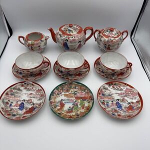 Antique Nippon Japanese Tea Set 12 Piece Ceramic Geisha Scene Hand Painted